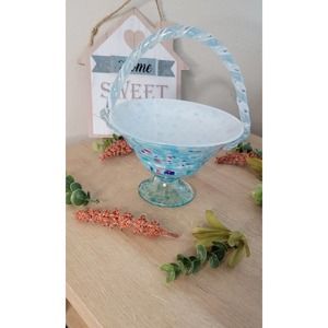 Vintage Hand Blown Confetti Blueish Glass Basket Studio Art Footed‎ Pedestal